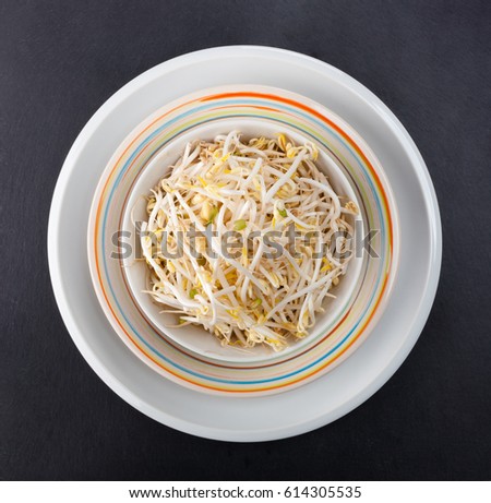 Plate of bean sprouts of black slate tray. Top view food photography.