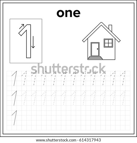Spelling of numbers. Educational page  with number 1, for preschool and kindergarten kids illustration, vector