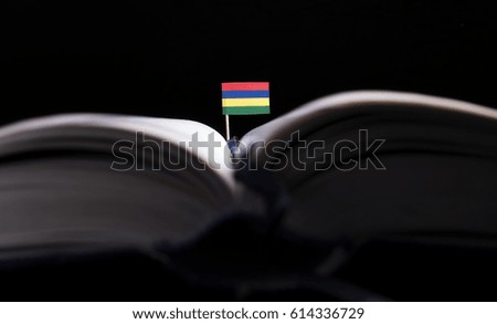 Mauritius flag in the middle of the book. Knowledge and education concept.