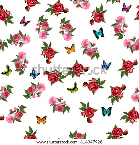 Very high quality original trendy realistic vector seamless pattern with rose bush or bouquet of roses and butterfly