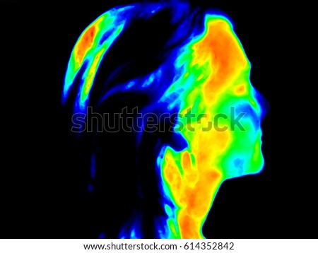 Thermographic image of right side of face of a woman with the photo showing different temperature in a range of colors from blue showing cold to red showing hot which can indicate joint inflammation.  Royalty-Free Stock Photo #614352842