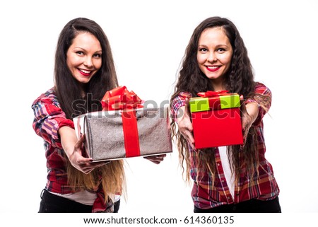 Twin sister pointed gift boxes on you isolated