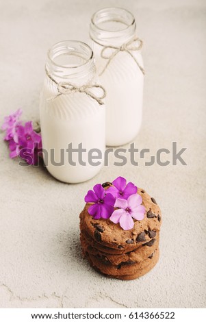 Pile of chocolate chip cookies with two bottles of milk and pink flowers on rustic grey table