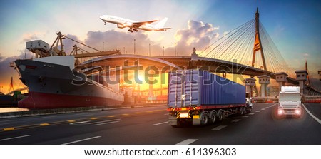Logistics and transportation of Container Cargo ship and Cargo plane with working crane bridge in shipyard at sunrise, logistic import export and transport industry background Royalty-Free Stock Photo #614396303