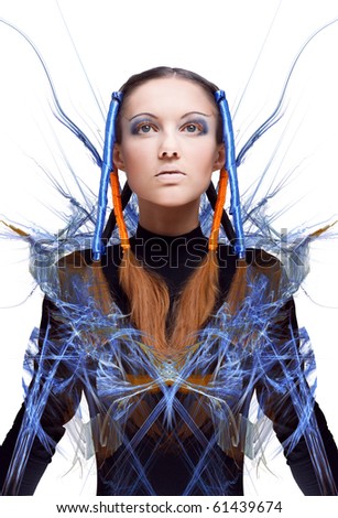 Futuristic girl with blue and orange energy flows isolated on white background
