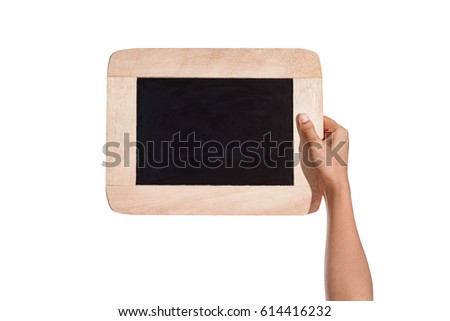 female hands holding slate board, blackboard isolated on white background with clipping path