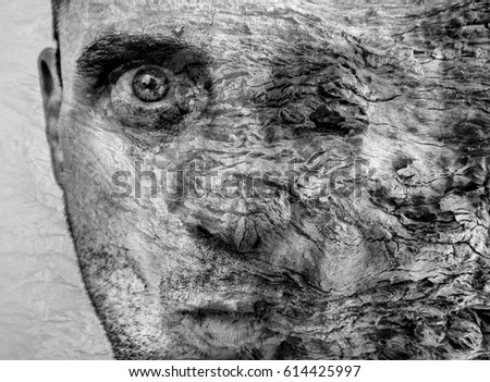 Amazing metamorphosis of man becoming tree, graphic art, beautiful and unique tree bark texture on human face, ravages of time on skin and epidermis,  experimental metaphysics, cover book background
