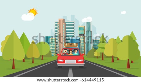 Family travel by car, flat cartoon style happy family with kid travelling together via automobile vector illustration, concept of people journey, summer vocations, fun weekend trip, tourism day time