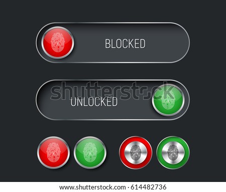 set of sliders, switches and buttons red and green. Templates for the black interface, site or application with a fingerprint for locking and unlocking. Vector illustration Royalty-Free Stock Photo #614482736