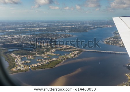 Aerial view of city Bradenton, Florida. Approach to land at the airport in St. Petersburg. Manatee River, Florida