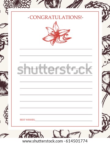 Beautiful Flowers - monochromatic vector hand drawn template card. Realistic rose, lily of the valley, tulip, daisy, iris, lily, chrysanthemum, carnation, poppy, narcissus.