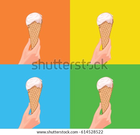 Hand holds an white ice cream in a waffle cone. Vector illustration. Chilled summer dessert food