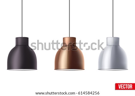 Vintage Metallic stylish hang ceiling cone lamp set. Original Retro design. Black, brass, and chrome color. Vector illustration Isolated on white background. Royalty-Free Stock Photo #614584256