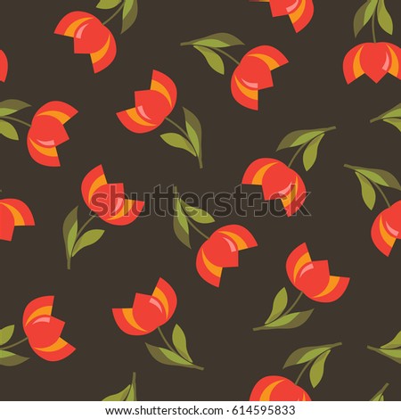 Floral background with tulips in vector. Seamless pattern can be used for wallpapers, pattern fills, web page backgrounds, surface textures. Red tulips on a dark background