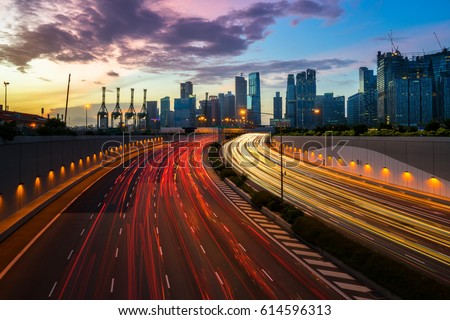 Traffic in Singapore City Highway Road at Night.