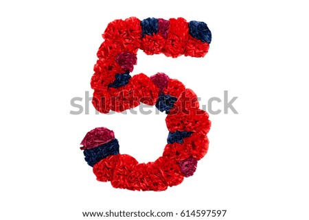 Handmade red number 5 for birthday from tissue paper isolated on the white background.