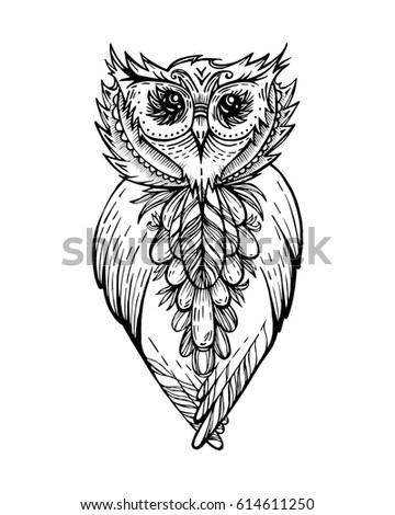 Owl, a tattoo of a feathered night predator, a totemic animal, a symbol of wisdom. Printing for T-shirts, souvenirs. Decorative design element. Vector illustration of a bird, isolated.