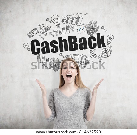 Portrait of a happy or astonished blond woman screaming while standing near a concrete wall with a black cash back sketch.