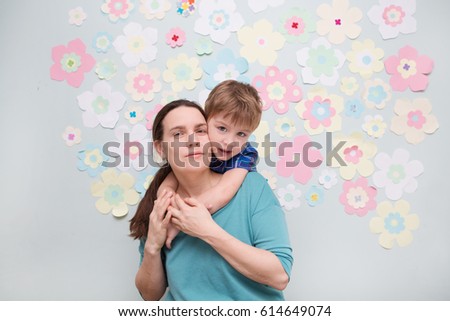 Happy loving family. mother and child boy playing  and hugging. Mothers Day.