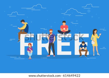 Free commercial offers concept illustration of young people using smartphones for online purchasing goods with discount and sale coupons. Flat design of guys and women near big letters