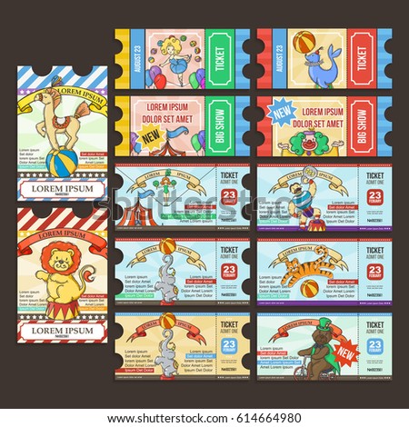 Circus Ticket pass. Doodle cartoon set. Vector design template. Big card collection