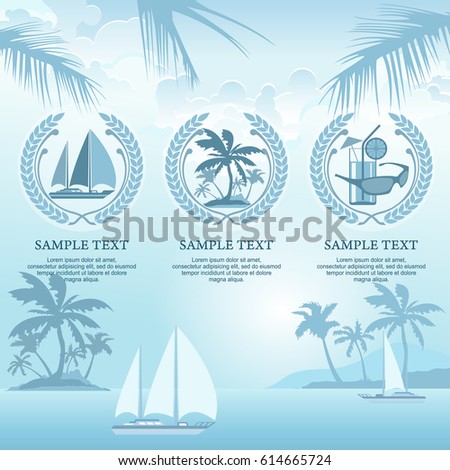 Set of travel symbols and signs with stylized landscape, concept logo sign for travel agency, vector illustration in blue