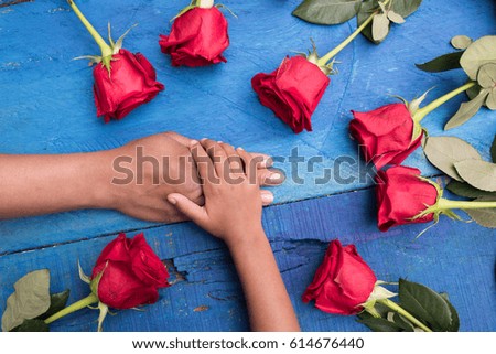 Mom and Daughter - holding hands and red roses on blue wooden background
Family Love Concept