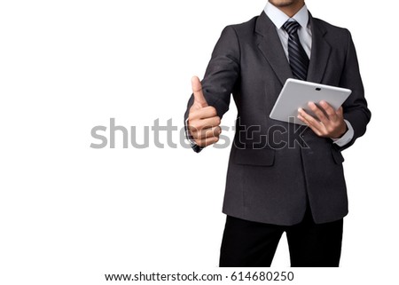 business man working on tablet and making the ok gesture on white background