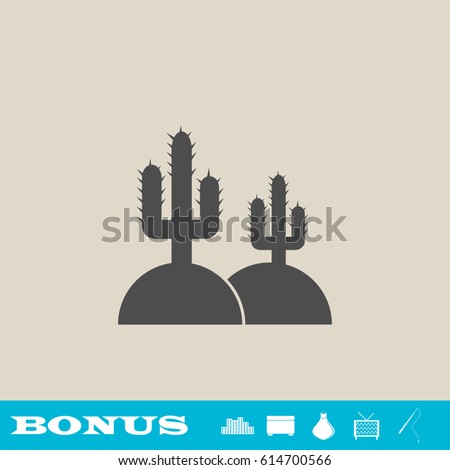 Cactus in desert icon flat. Grey pictogram on light background. Vector illustration symbol and bonus button real estate, ottoman, vase, tv, fishing rod