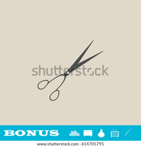 Barber scissors icon flat. Grey pictogram on light background. Vector illustration symbol and bonus button real estate, ottoman, vase, tv, fishing rod