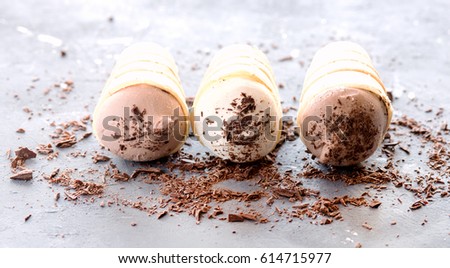 Three ice cream lying in a line on background Chocolate chips around ice cream Chocolate and vanilla  ice cream Horizontal photo
