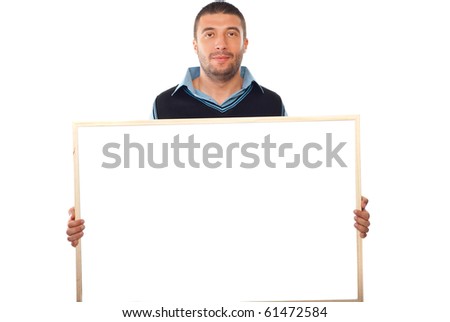 Business man hold a blank banner in front of camera isolated on white background
