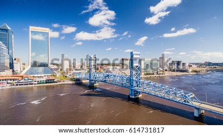 Aerial view of Jacksonville skyline on a sunny day, Florida, USA.