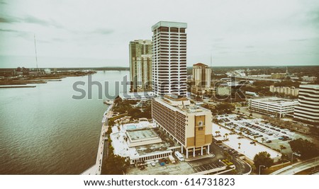 Aerial view of Jacksonville skyline on a cloudy day, Florida, USA.