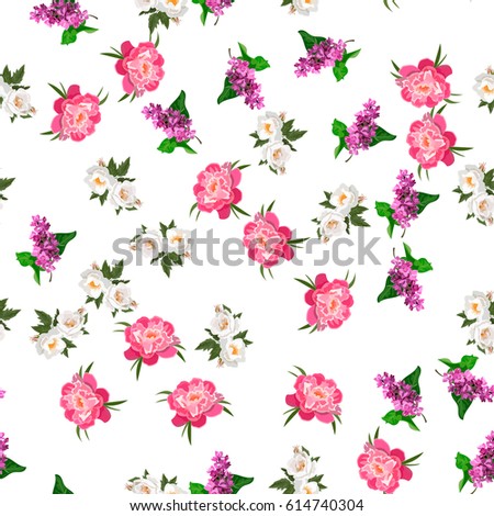 Very high quality original trendy realistic vector seamless pattern with rose bush or bouquet of roses, peony flower and lilac flower. Spring or summer design
