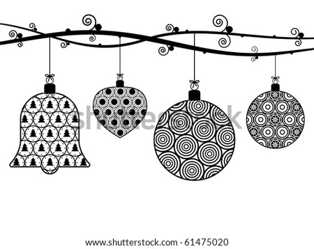 black and white hanging christmas baubles with patterns