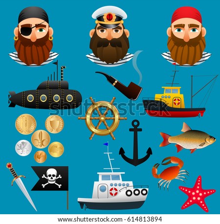 Pirate, sea captain and fisherman. Portraits of people of sea professions, their ships and things. Set of objects nautical theme. Vector illustration.