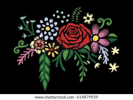 Wild flowers and red rose embroidery design. Stock Vector