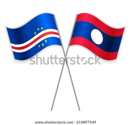Cabo Verdean and Laotian crossed flags. Cabo Verde combined with Laos isolated on white. Language learning, international business or travel concept.