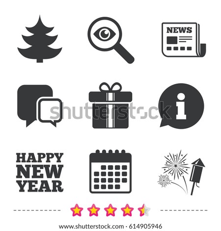 Happy new year icon. Christmas tree and gift box signs. Fireworks rocket symbol. Newspaper, information and calendar icons. Investigate magnifier, chat symbol. Vector