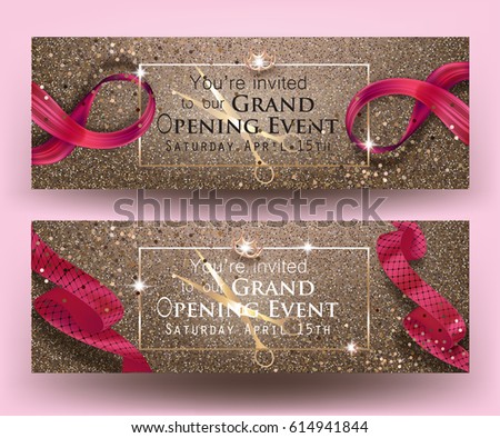Grand opening banners with sparkling backgrounds and pink ribbons. Vector illustration