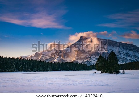 Winter Scenery Two Jack Lake in Banff National Park Alberta Canada at sunrise