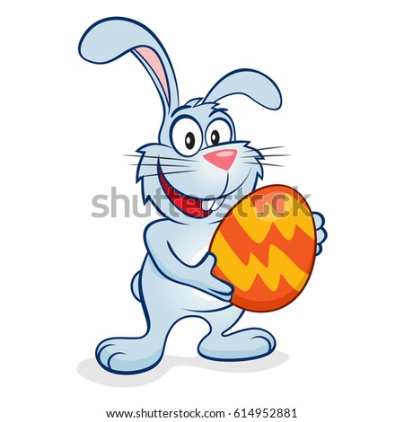 Cute and happy easter bunny with big egg in a hands. Blue rabbit vector illustration