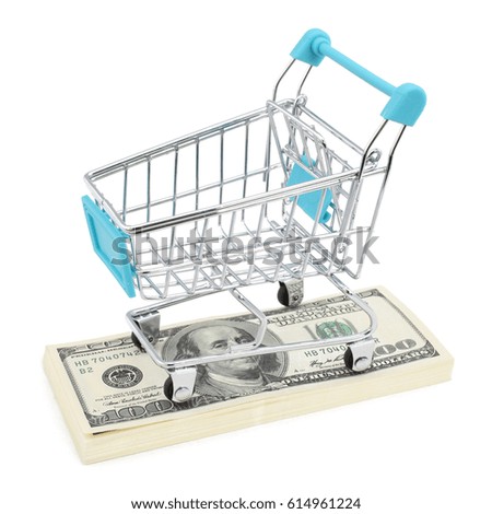 supermarket cart with money on a white background