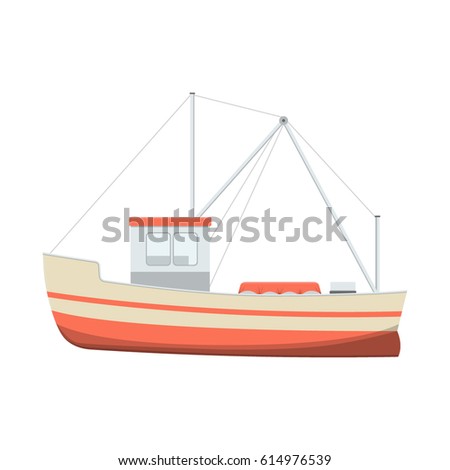 Vector illustration of sea fishing boat on white background. Fishing equipment and fish farming topics.