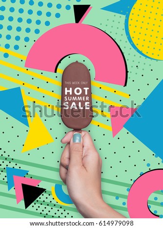 women hand holding icecream chocolate on colorful background. concept hot colour summer sale.Graphic geometric style and cool.
