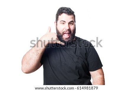 
Man making phone call gesture with hand on head isolated on white background