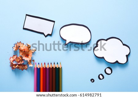 Blank speech bubble and color pencil, creative ideas concept, flat lay, top view, copy space for text