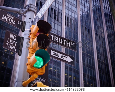 NYC Wall street yellow traffic green light black pointer guide One way to truth. No way, no turn to Mass media fake news. Wrong choice is lie, right Choice is truth. Mass media news concept. Politics