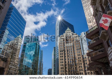 urban scene of Vancouver Canada, skyscraper showing various office buildings